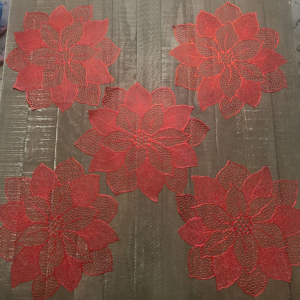 Poinsettia Shaped Lace Red Christmas Vinyl Placemats Cut Out Round Set Of 5 18”
